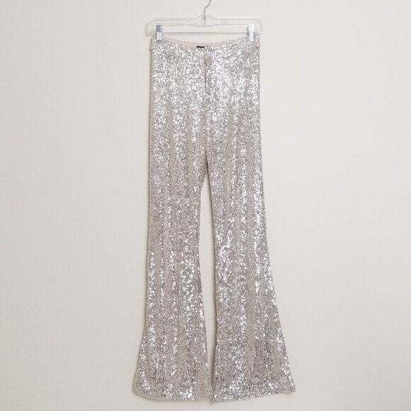 House of Harlow 1960 Sequin Flare Pants XS Champagne Metallic Glam Showgirl - Picture 2 of 13